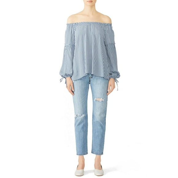 Flynn Skye Tops - Flynn Skye Bobby Top Women XS Blue Plaid Off The Shoulder Crepe Blouse Shirt